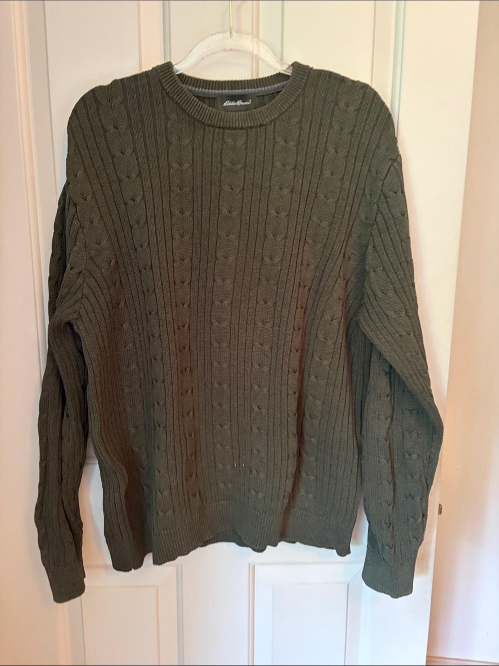 Eddie Bauer Olive Green Cable Knit Crewneck Sweater